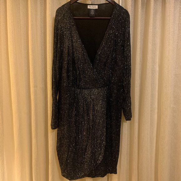 Bee Darling V Neck Black Glitter Dress- Plus Size Junior - Picture 2 of 5